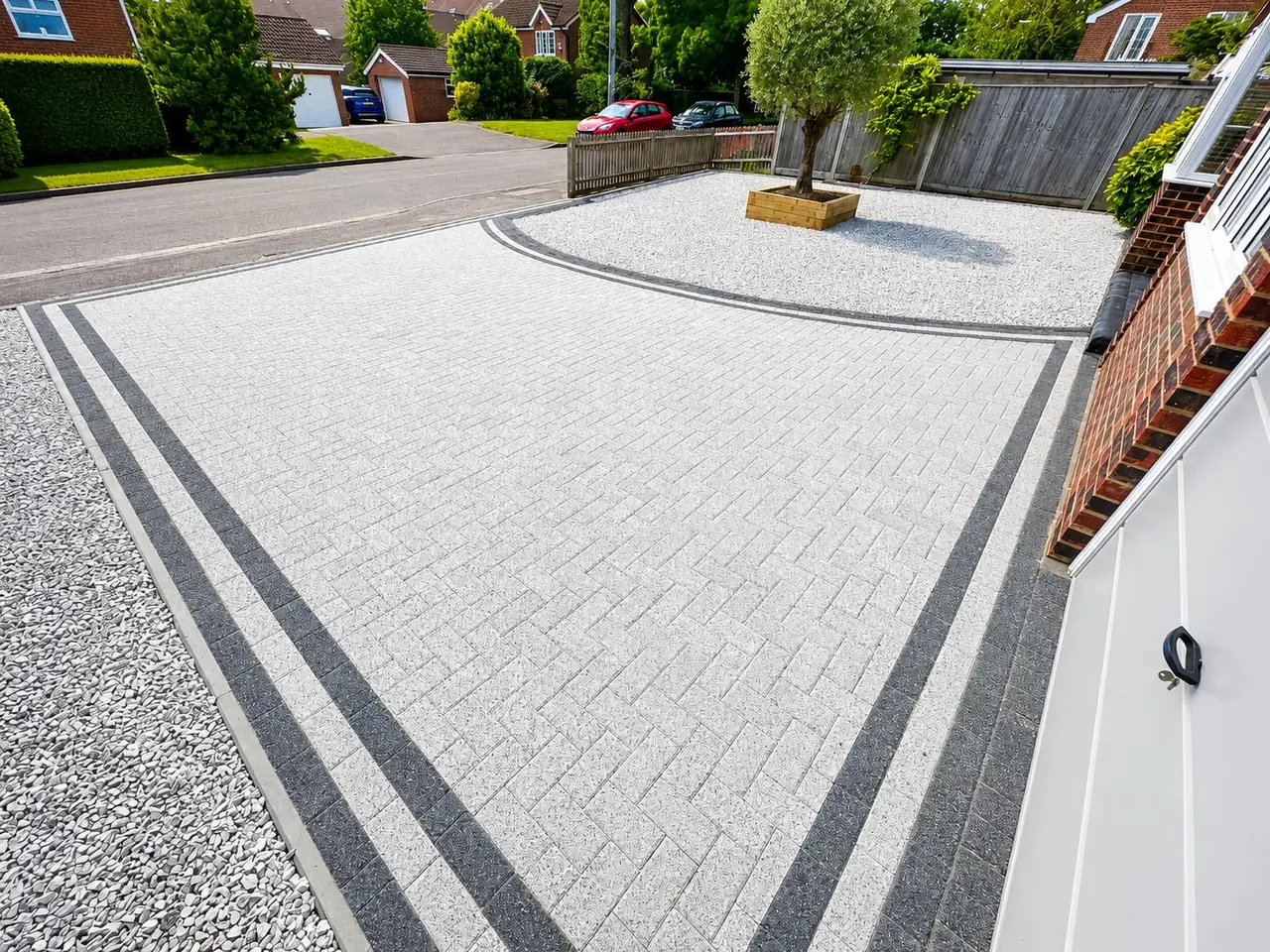 A silver block-paved driveway with double charcoal borders and a curved gravel bed around an olive tree, laid by ROHK